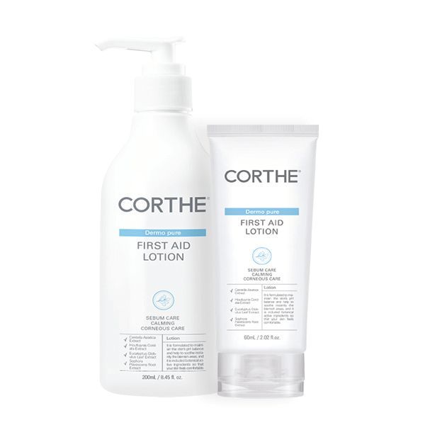 Barrier supporting Acne face lotion to sooth redness and treat bacteria without stripping the skin. Corthe First Aid Lotion