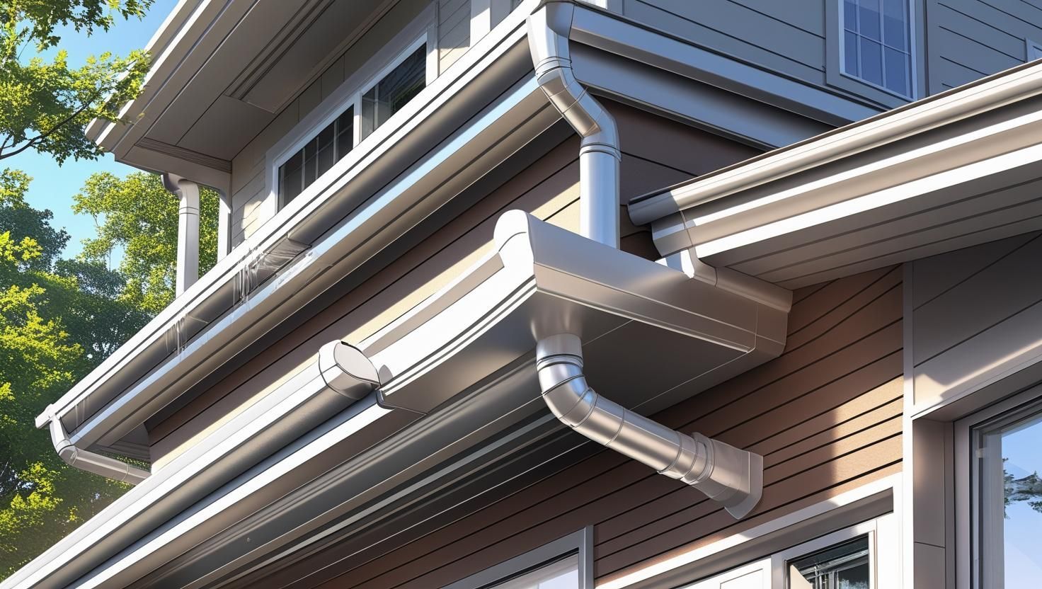 Close-up view of a house with silver gutters and downspouts along the roofline.