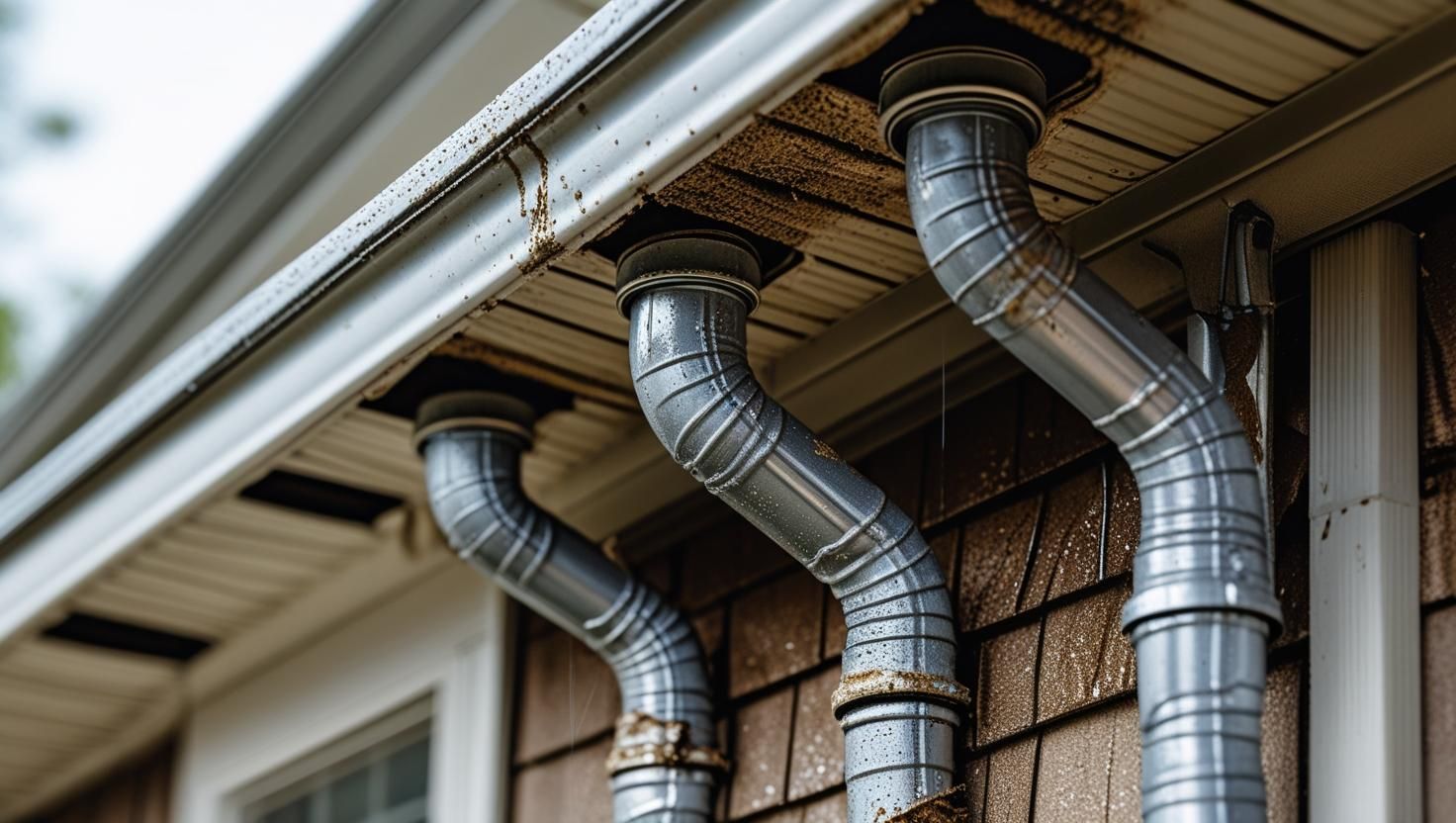 Three gray downspouts connected to a gutter on a brown shingled house.