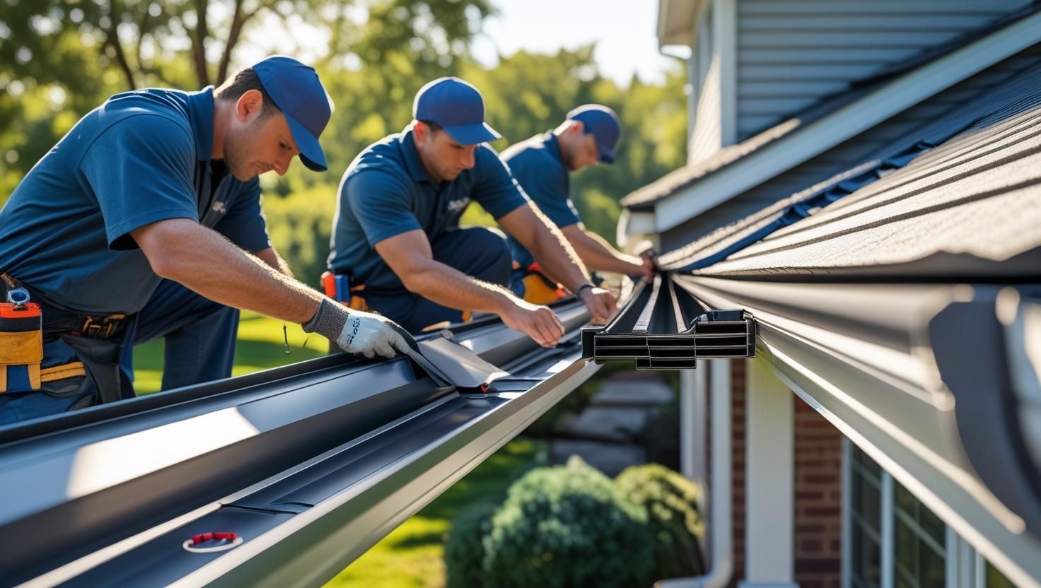 Three workers installing a gutter on a house, wearing blue shirts and caps.
