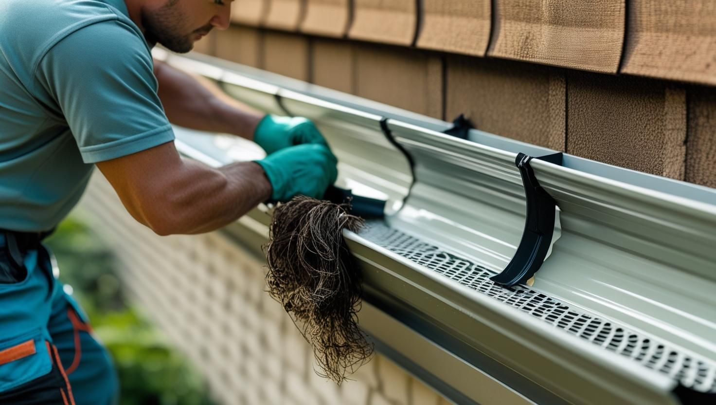 Person in green gloves cleaning a gutter with a brush; close-up.