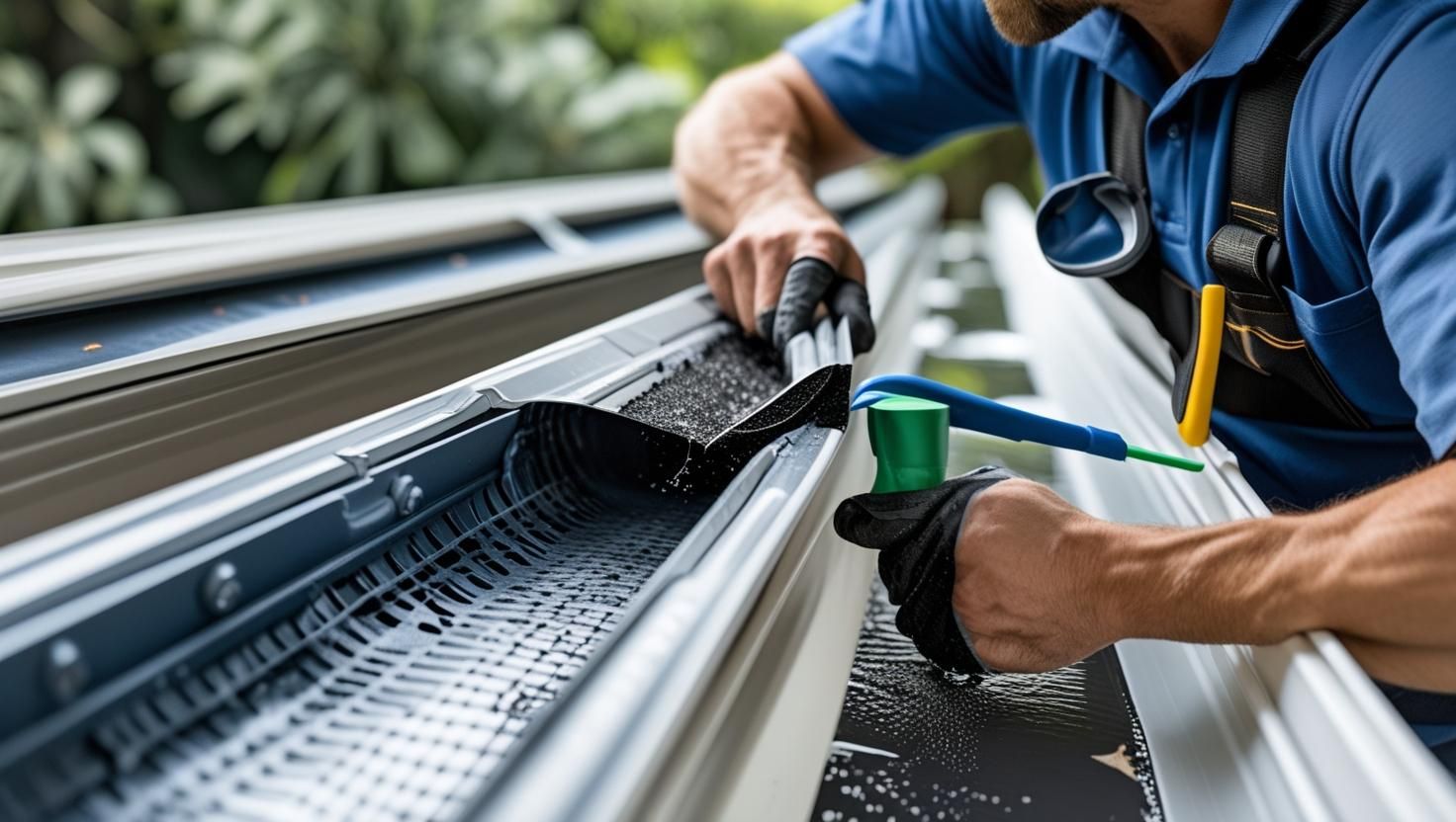 A person cleaning a gutter, wearing safety harness and gloves, using tools.