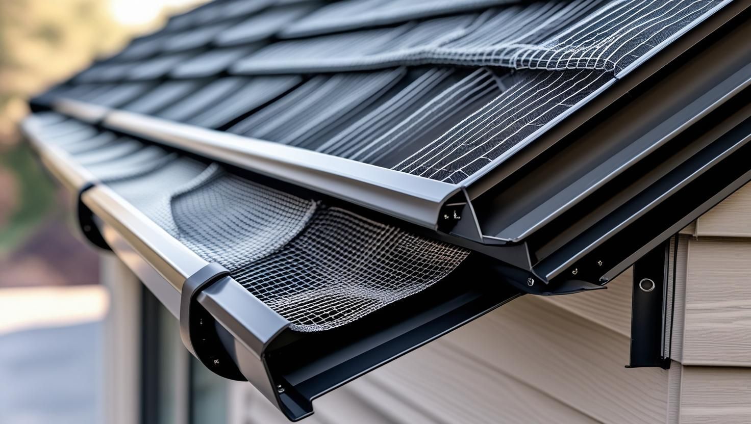 Close-up of a dark metal gutter with mesh leaf guard on a roof, attached to a light-colored house.