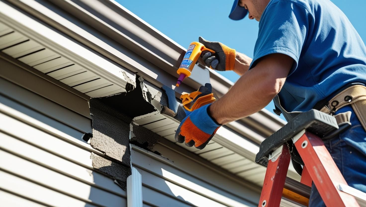 Man on ladder using caulking gun to repair siding.
