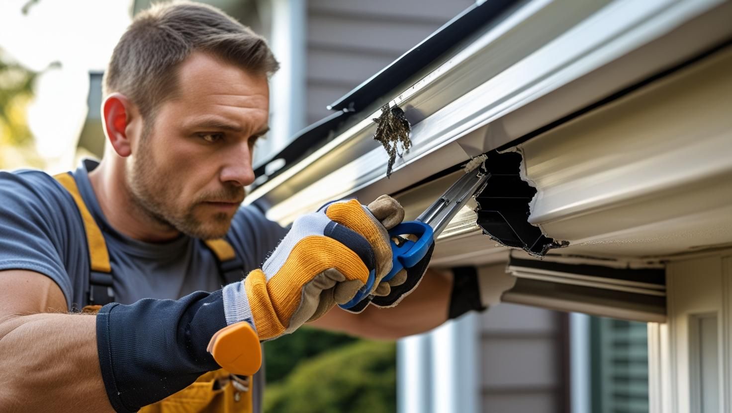 Man in gloves, cleaning a gutter with scissors, outdoors.