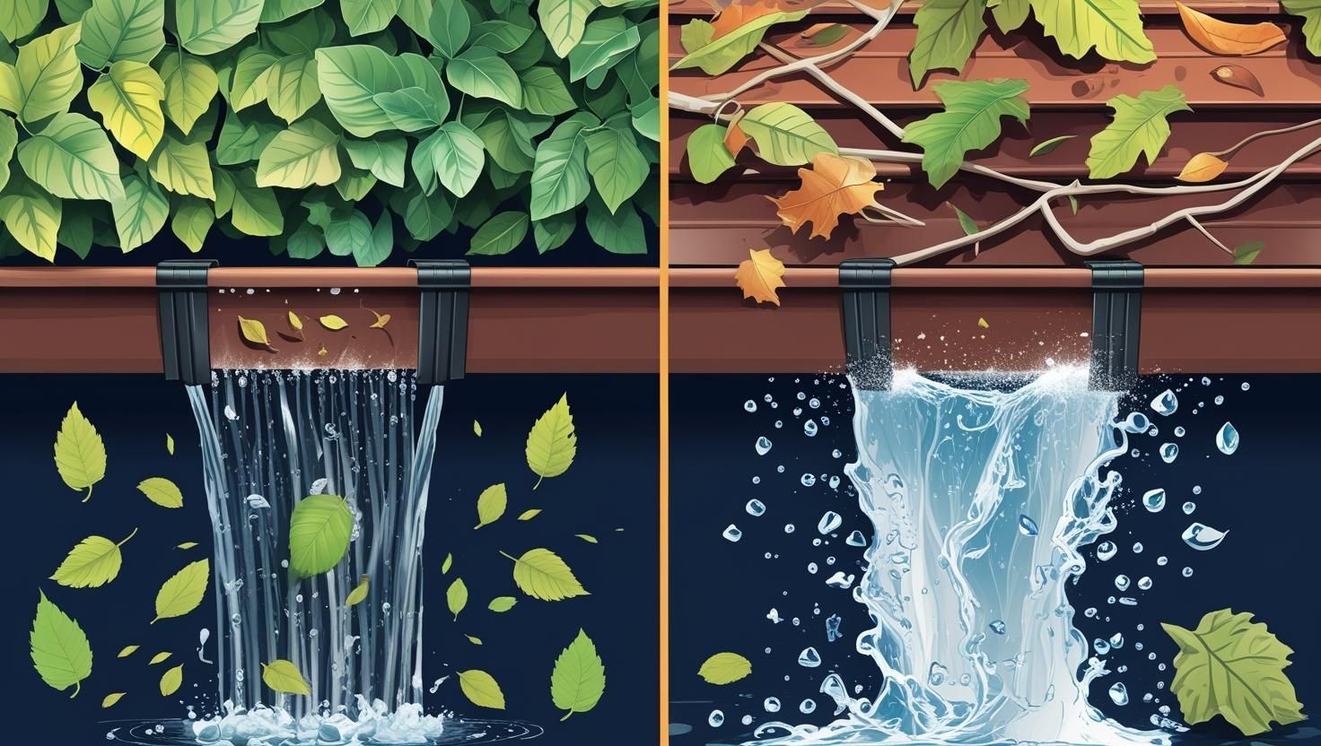 Two gutter illustrations: one clogged with leaves, the other clear with flowing water.