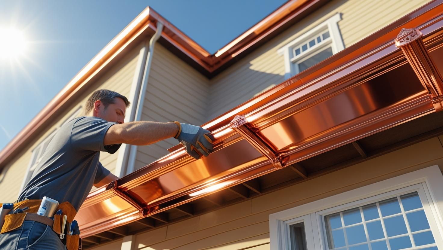 A man installs copper gutters on a house under a sunny sky.
