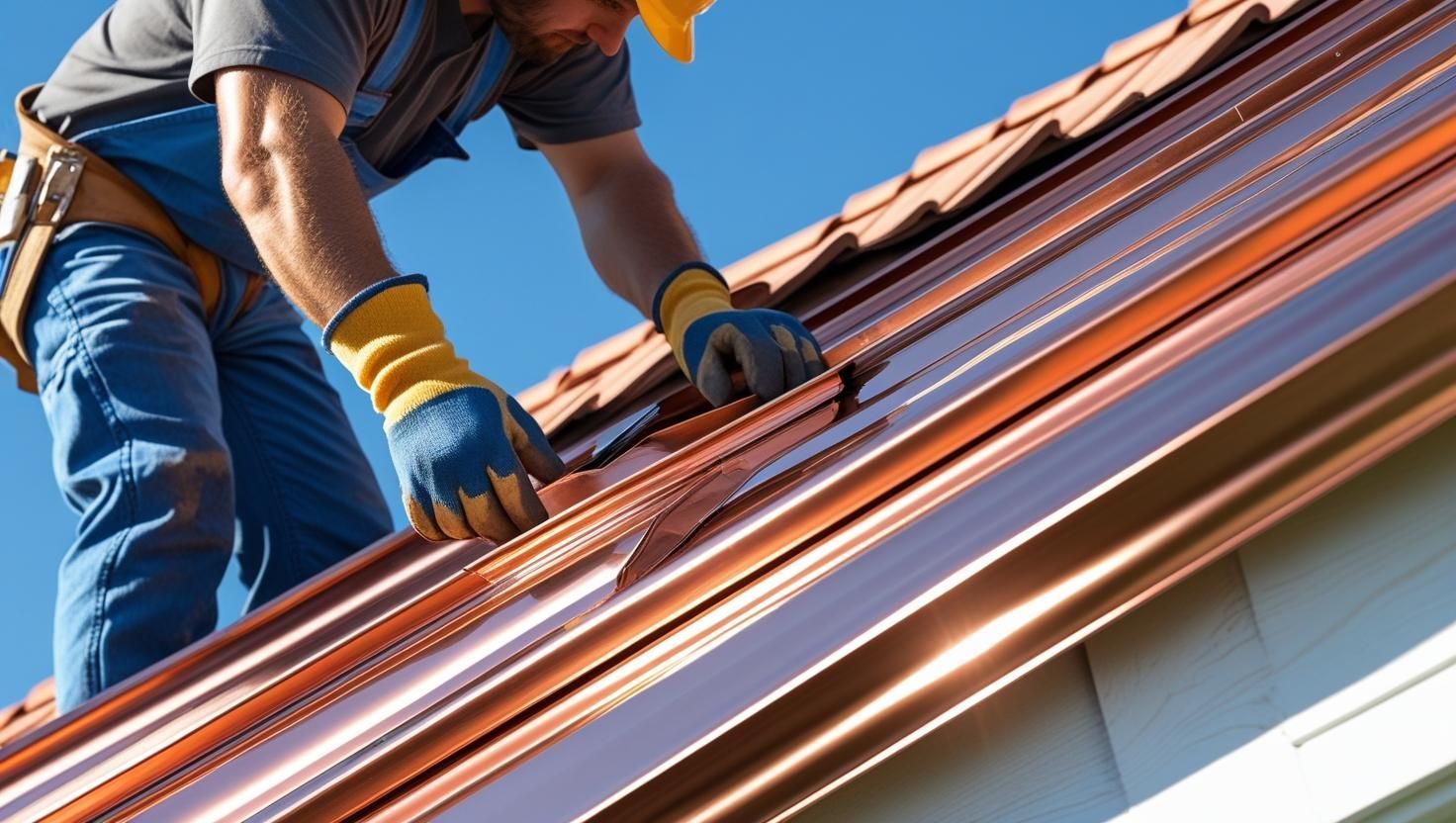 Roofer installing copper gutters on a terracotta tile roof, blue sky background.