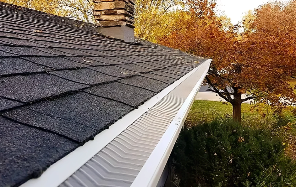 Gray shingled roof with a white gutter, a brick chimney, and autumn trees in the background.
