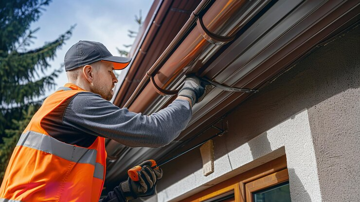 Man in safety vest works on brown rain gutter on a house.