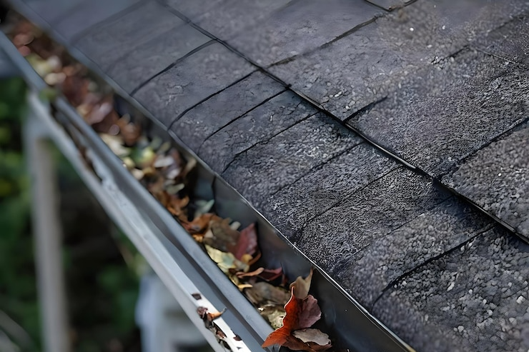 Gutters on a roof filled with dead leaves.