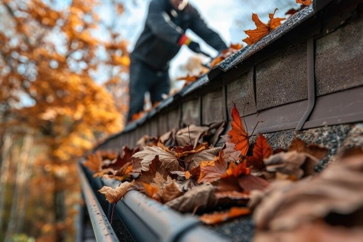 Person cleaning leaves from a gutter on a house, autumn setting.