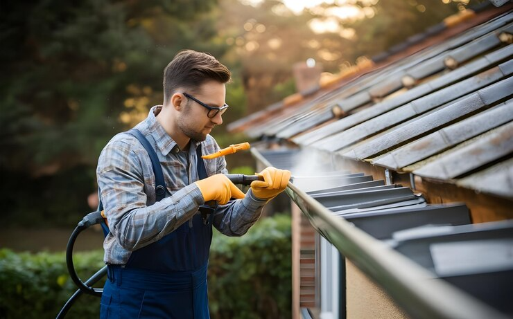 Man in overalls cleaning a roof gutter with a power washer.