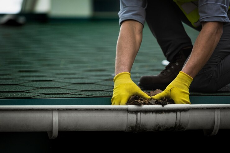 Person wearing yellow gloves cleans debris from a gutter on a rooftop.