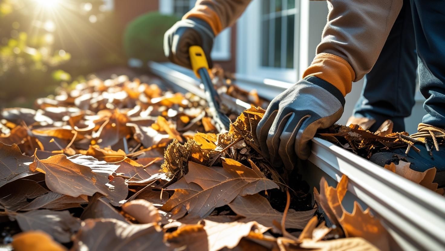 Person cleaning out a gutter filled with fallen autumn leaves, using a small tool.