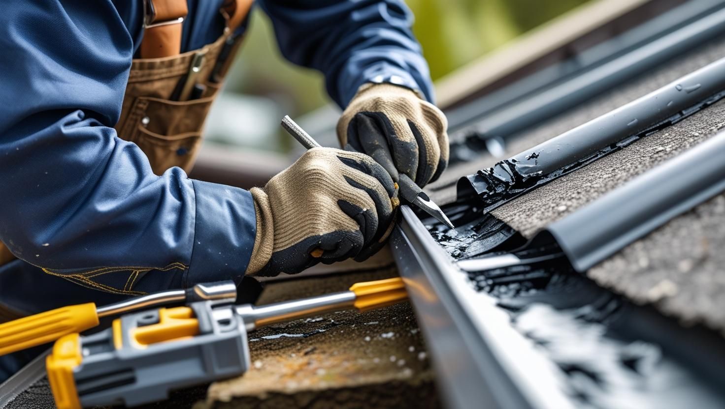 A person in work gloves seals a roof gutter with a tool.