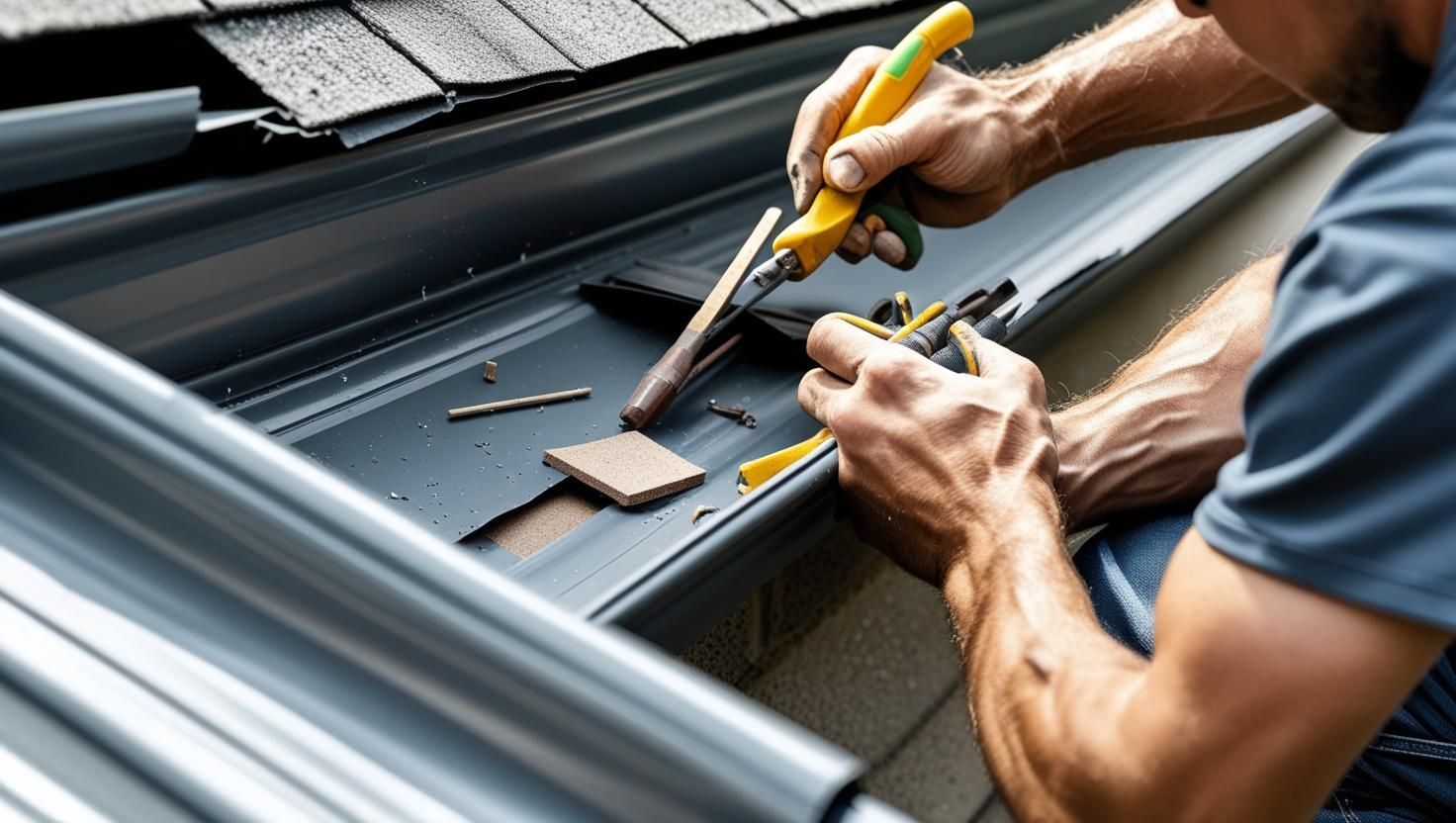 Person repairing a dark gutter with yellow tools; close-up shot.