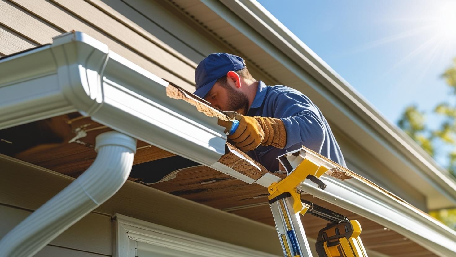 Man on ladder repairing damaged gutter on a house, sunny day.