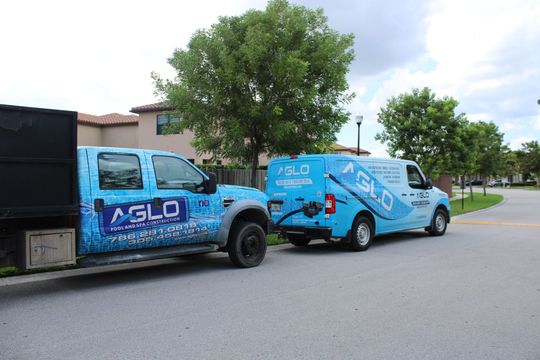 Two blue vans are parked on the side of the road.