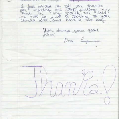 Handwritten thank-you note on lined paper with a large purple “Thank” at the bottom.