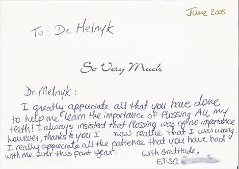Handwritten note thanking Dr. Melnick, dated June 2005, on white paper with a small signature.