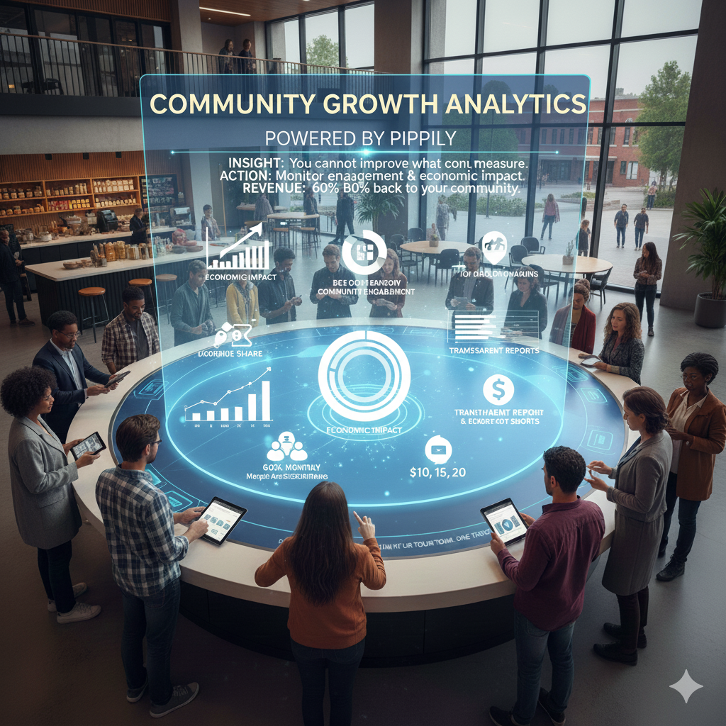 People gathered around a circular table with holographic community growth analytics. Inside an open office, people hold table