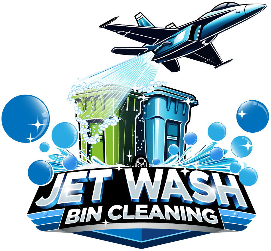 A logo for jet wash bin cleaning with a jet flying over it