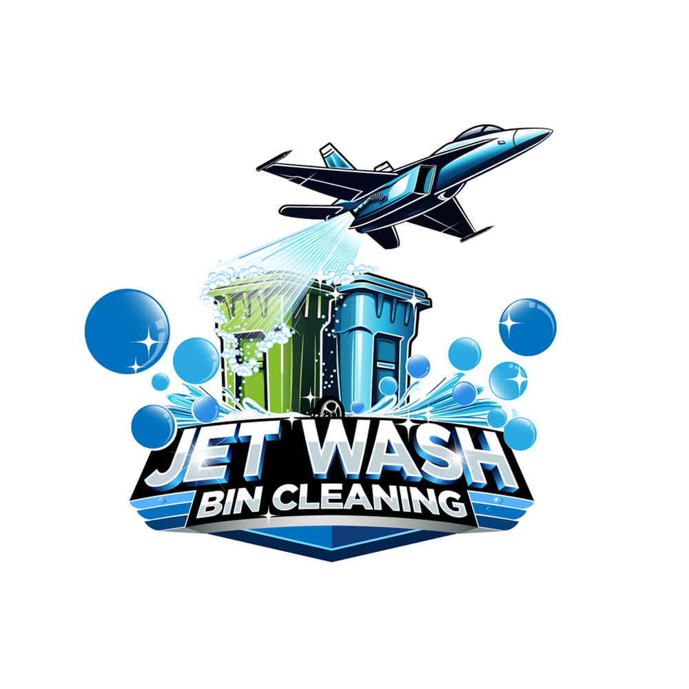 A logo for jet wash bin cleaning with a jet flying over a trash can.