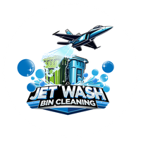 A logo for jet wash bin cleaning with a jet flying over a trash can.