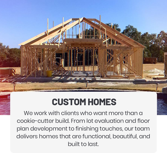 Framed wooden structure of a house under construction with text "CUSTOM HOMES".