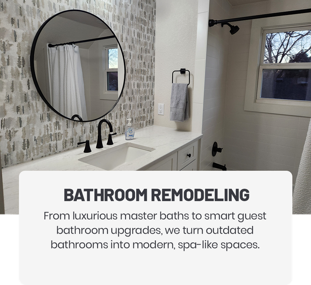 Bathroom remodel: modern bathroom with vanity, large round mirror, and text about bathroom upgrades.