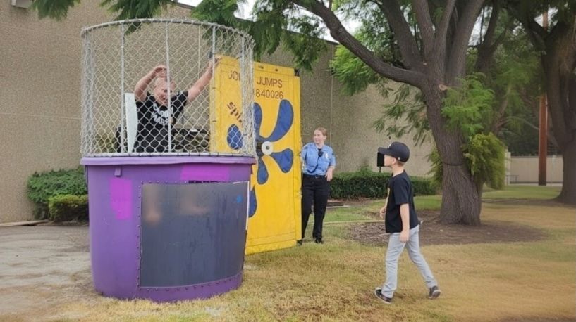 Boy about to throw ball at dunk tank; person inside; other people watching. Purple tank, yellow backdrop, outdoor setting.