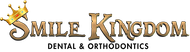 Smile Kingdom Dental & Orthodontics logo with gold crown and stylized text on white background