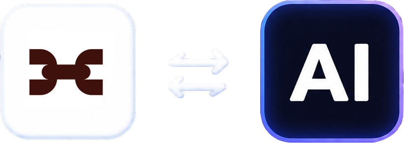 Two square icons connected by a double-headed arrow, from a brown symbol to a black AI icon with a blue outline