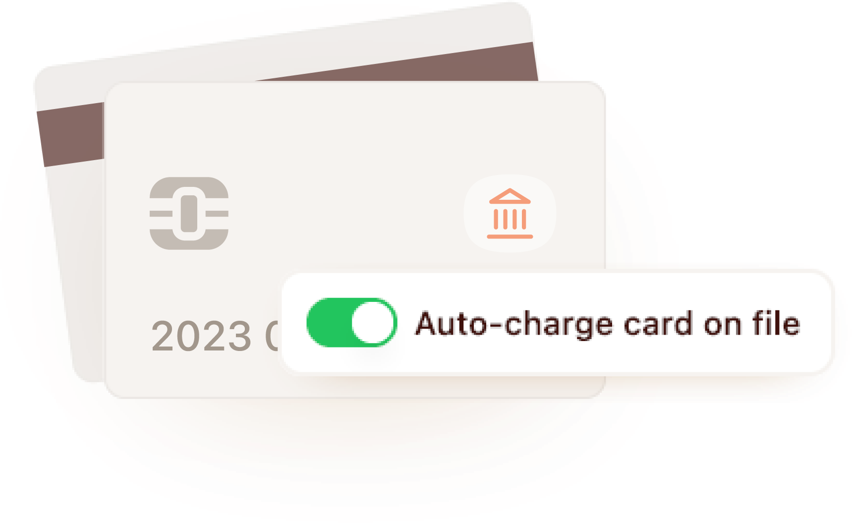 Auto-charge card on file toggle turned on over stacked payment cards