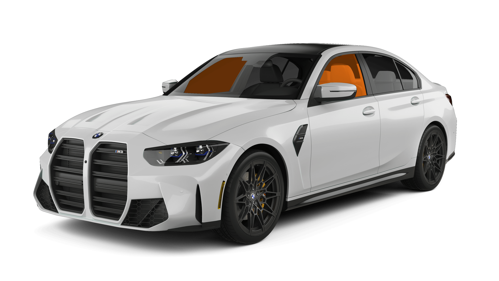 White sports sedan with large black grille and orange-tinted windows on a white background