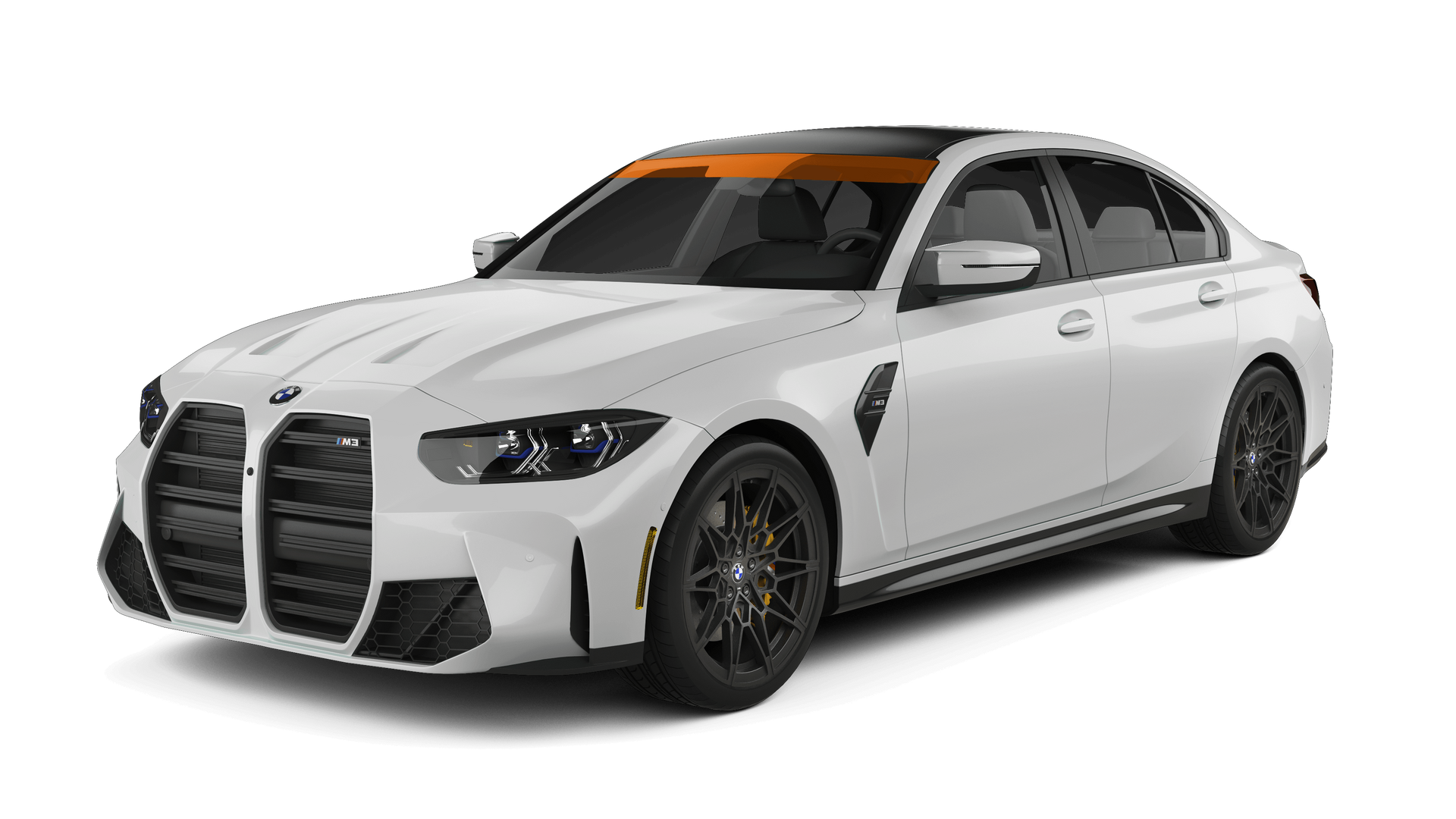 White sports sedan with black racing stripes and orange roof, shown in side view on a white background