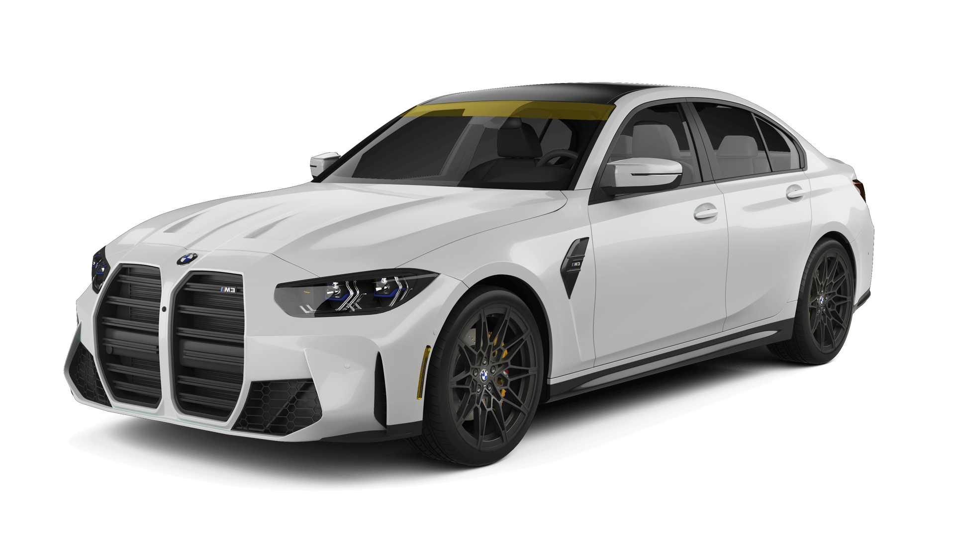 White sedan with a black hood and large black front grille, shown on a white background.