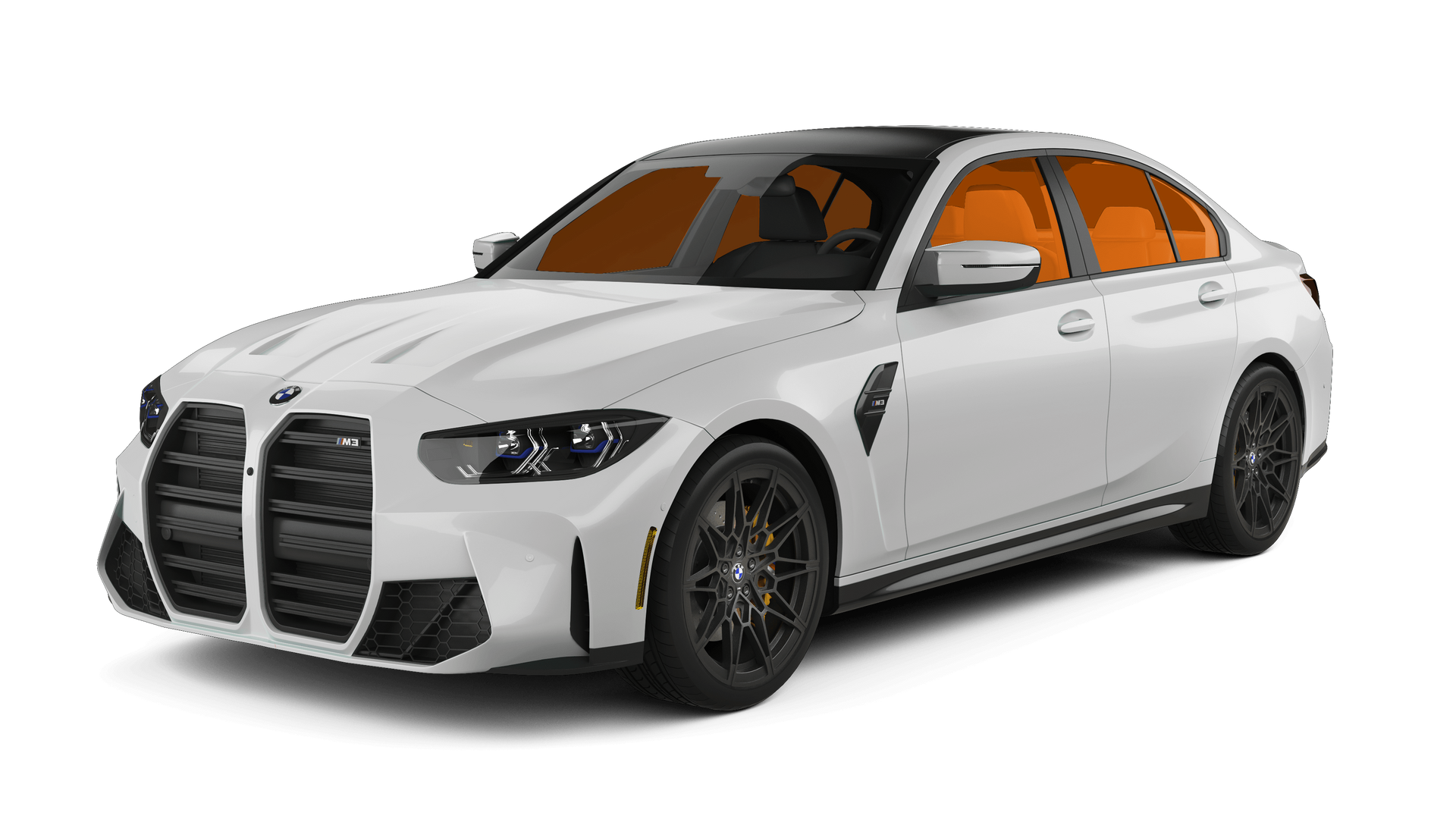 White luxury sedan with oversized black grille and orange-tinted windows on a white background