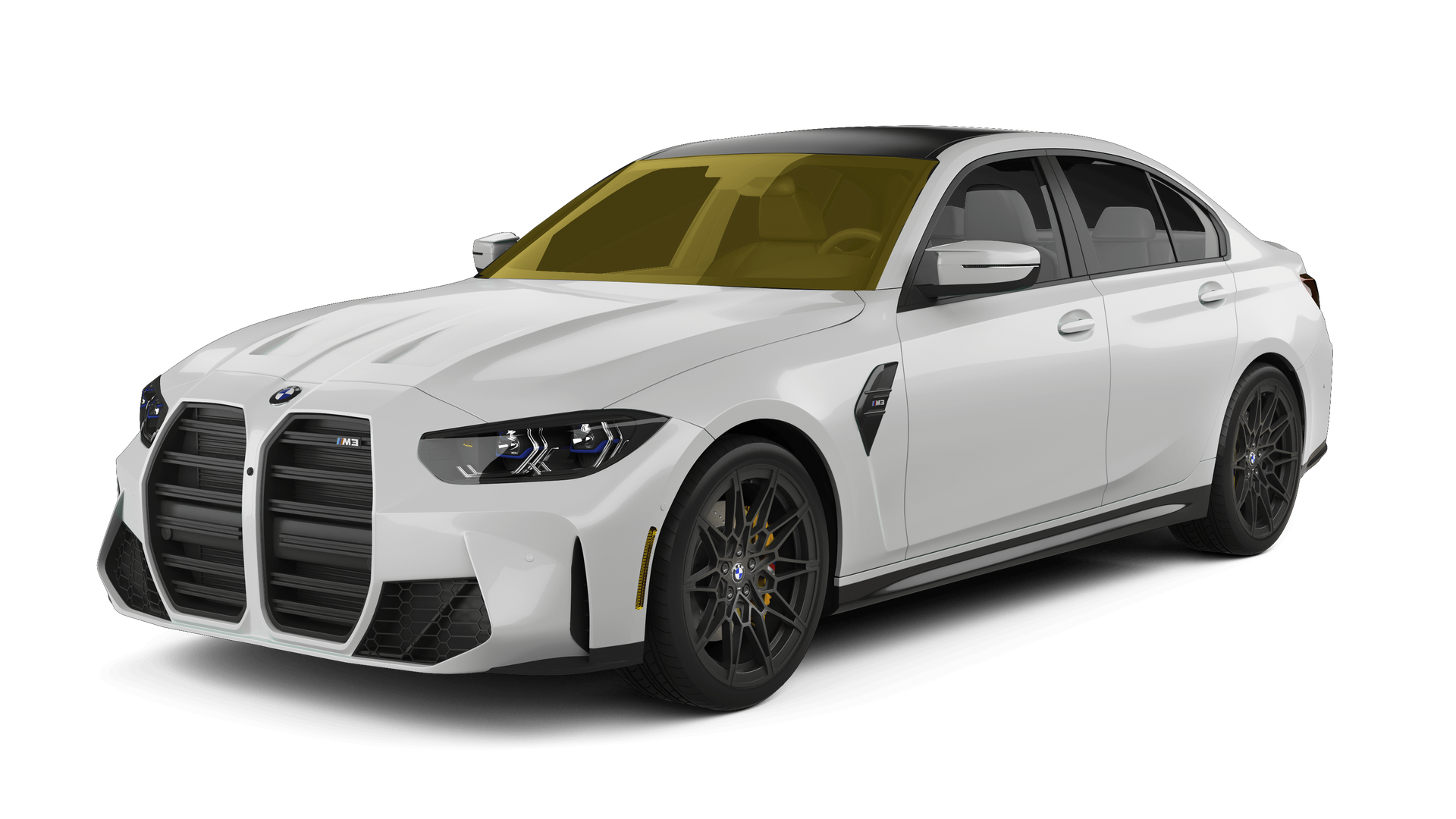 White sedan with a black front grille and yellow-tinted windshield on a white background
