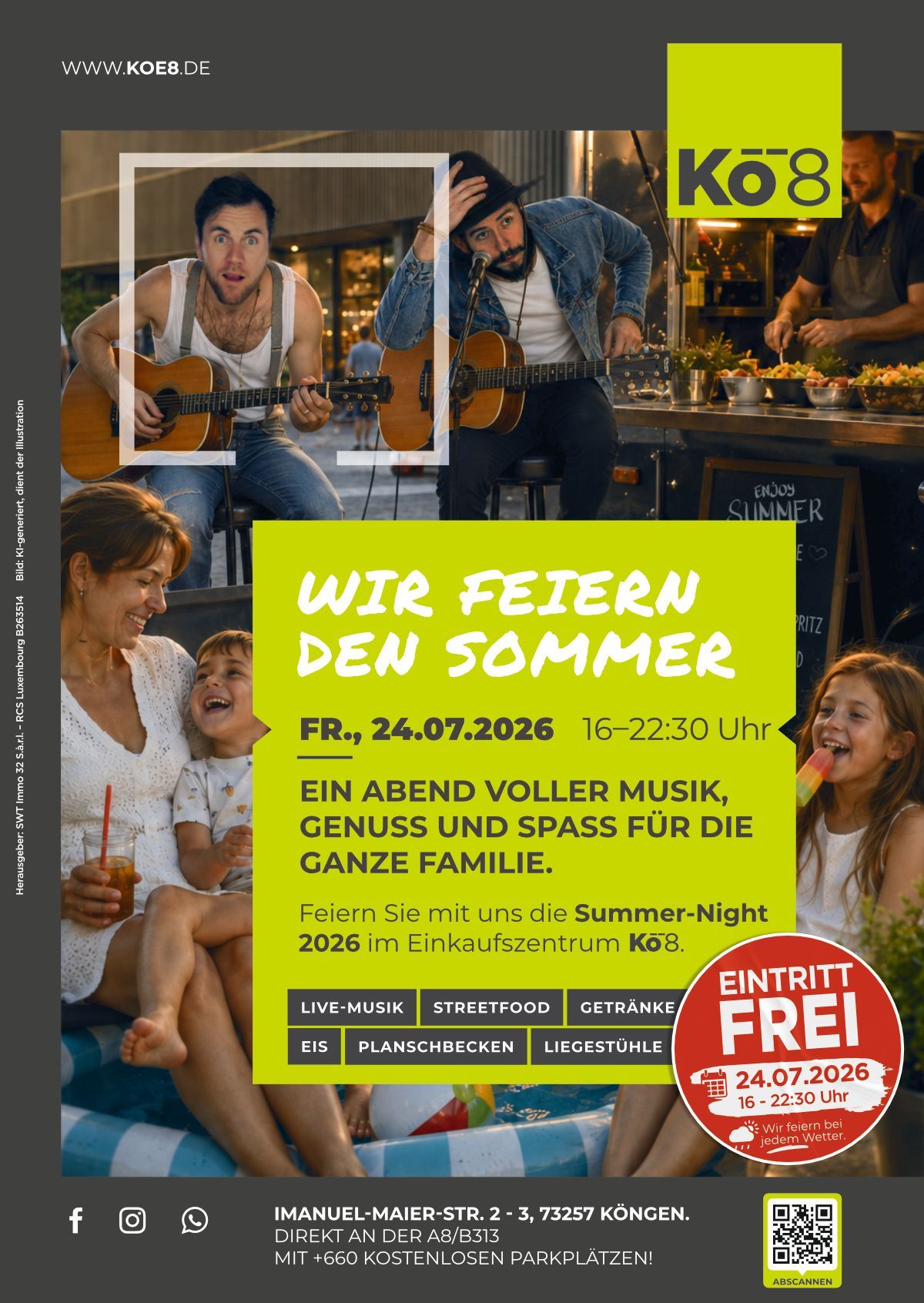 Kö8-Konzertplakat am 24.07.2026 für „Wir feiern den Sommer“ mit: Musikern, Streetfood, Live-Musik, Getränke, Liegestühle und einem roten „Eintritt frei“-Aufkleber