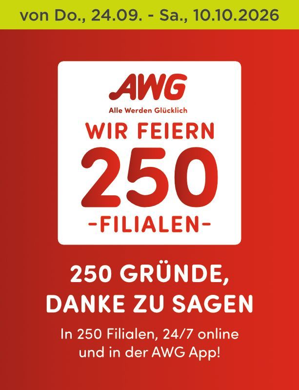 Rotes AWG-Werbeplakat mit weißem Logo und der Aufschrift „Wir feiern 250 Filialen“, Aktionszeitraum 24.09.-10.10.2026.