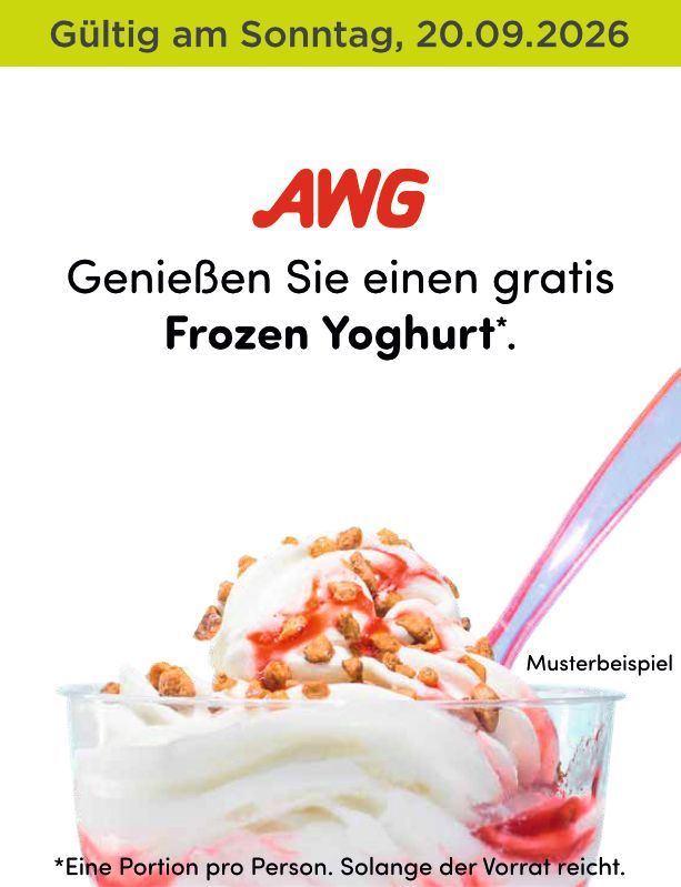AWG-Anzeige mit dem Angebot eines kostenlosen Frozen Yogurts am Sonntag, den 20. September 2026, inklusive Joghurt in einer Schüssel und Löffel.