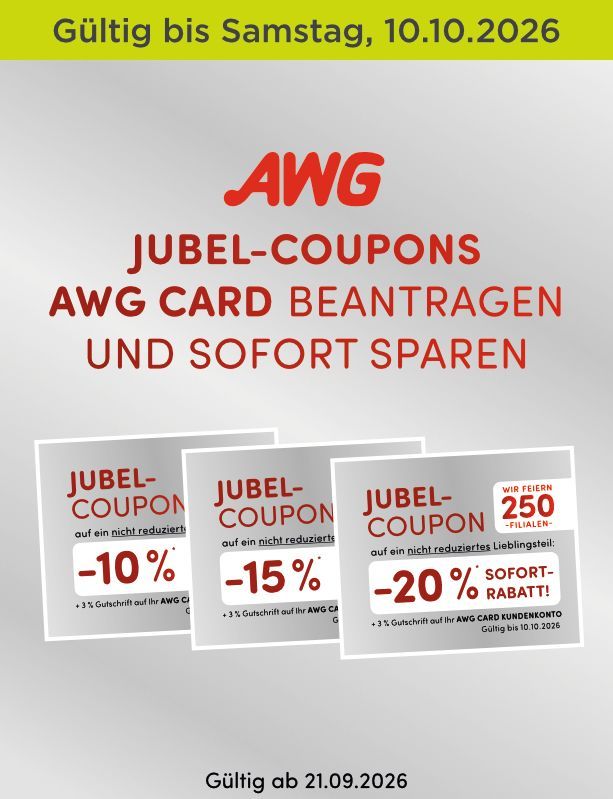 AWG-Werbeplakat mit Jubel-Coupons: 10 %, 15 %, 20 % Rabatt bei Beantragung einer AWG-Karte