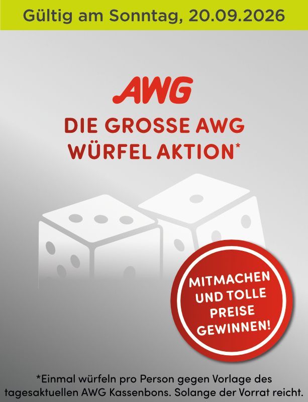 AWG-Werbeplakat mit Würfeln und rotem Abzeichen, das die „große AWG Würfelaktion“ am Sonntag, den 20.09.2026 ankündigt.