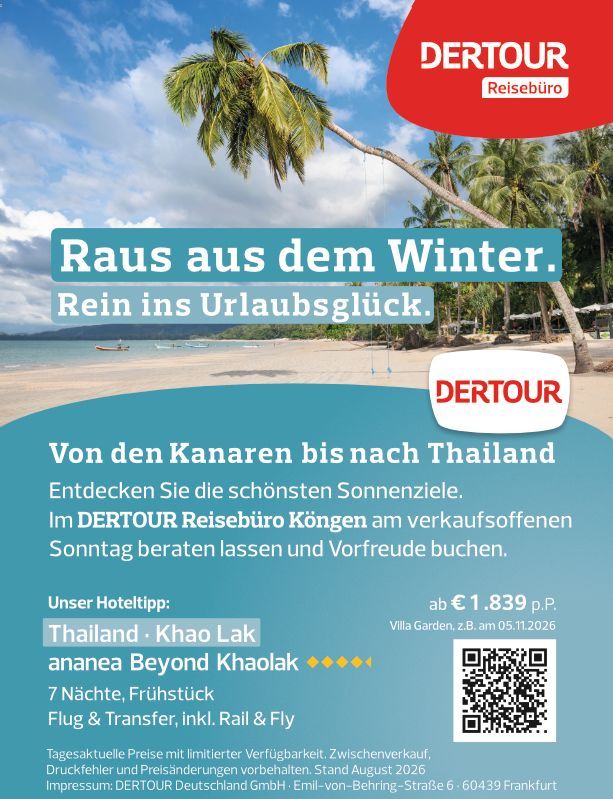 DERTOUR Reisewerbung mit Strand, Palmen und Text „Raus aus dem Winter. Rein ins Urlaubsglück.“