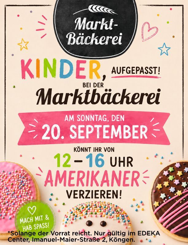 Farbenfrohes Poster zur Kinderaktion der Marktbäckerei am 20. September, 12–16 Uhr, Amerikaner verzieren