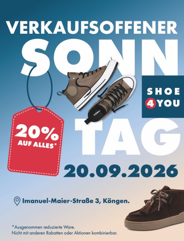 Schuhverkaufsposter: „Verkaufsoffener SonnTag“, 20% auf alles, 20.09.2026, mit Schuhen und Straße in Königen.
