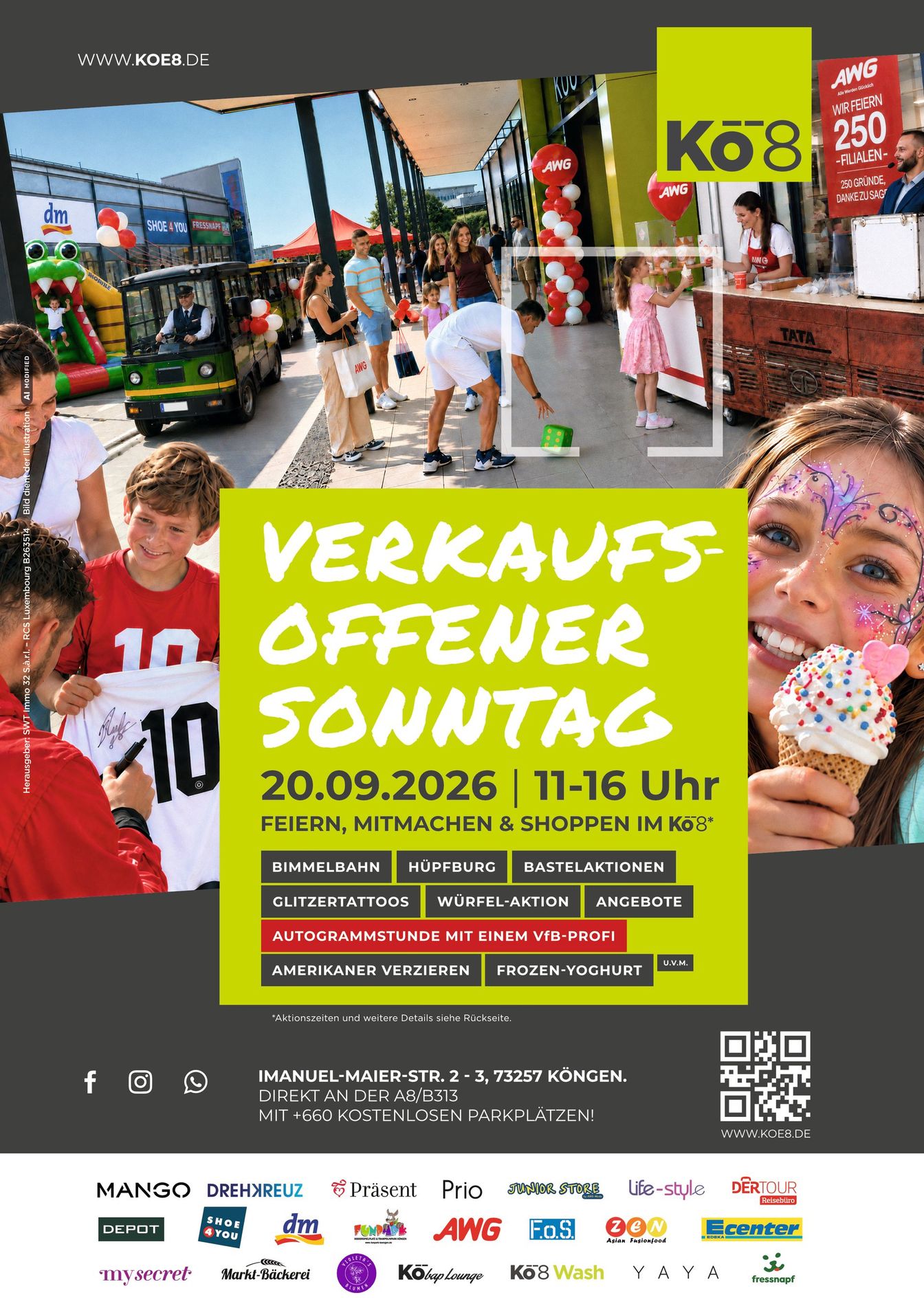 Poster für den „Verkaufsoffenen Sonntag“ am 20.09.2026, 11-16 Uhr, mit Straßenszene und leuchtend grünem Veranstaltungstext. 
Hinweis: Das Bildmotiv enthält KI-generierte Elemente.