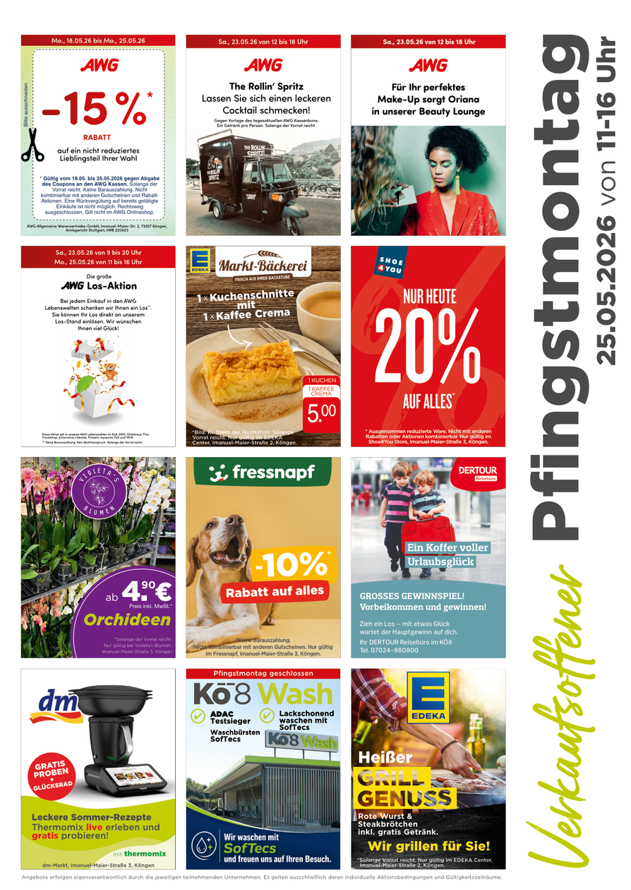 Einkaufsflyer mit mehreren Angeboten, Rabattprozenten, Produktfotos und dem vertikalen Schriftzug „Pftingmontag“ rechts.
